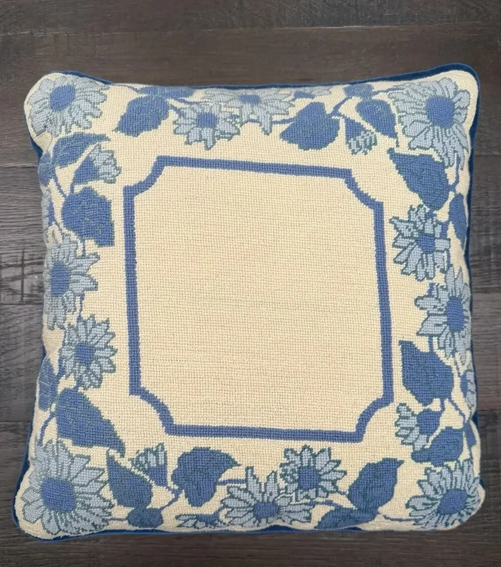 Vintage Blue Floral Needlepoint Throw Pillow 14x14 Velvet Back Cottage Decor